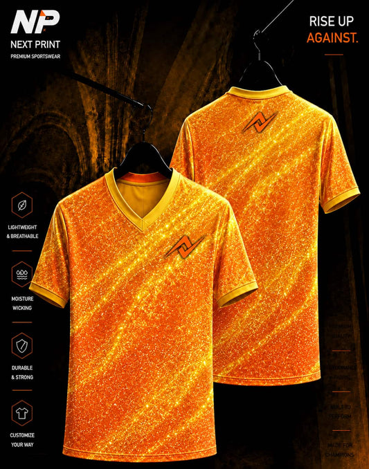 Orange glitter spark sublimation V-neck sports jersey front and back view by Next Print