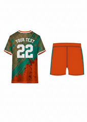Orange and teal custom sports jersey with matching shorts for cricket, football and team uniform sublimation printing design.