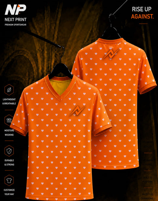 Orange heart pattern custom sublimation V-neck sports jersey with front and back mockup for team uniforms.