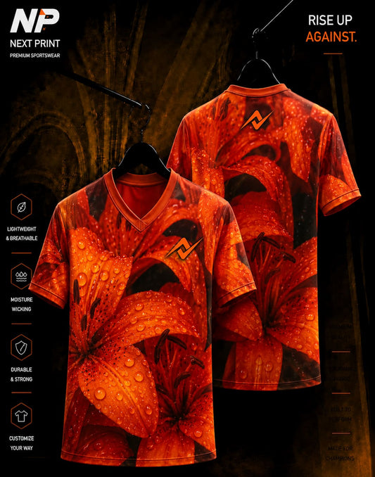 Orange lily flower sublimation V-neck sports jersey with front and back view by Next Print