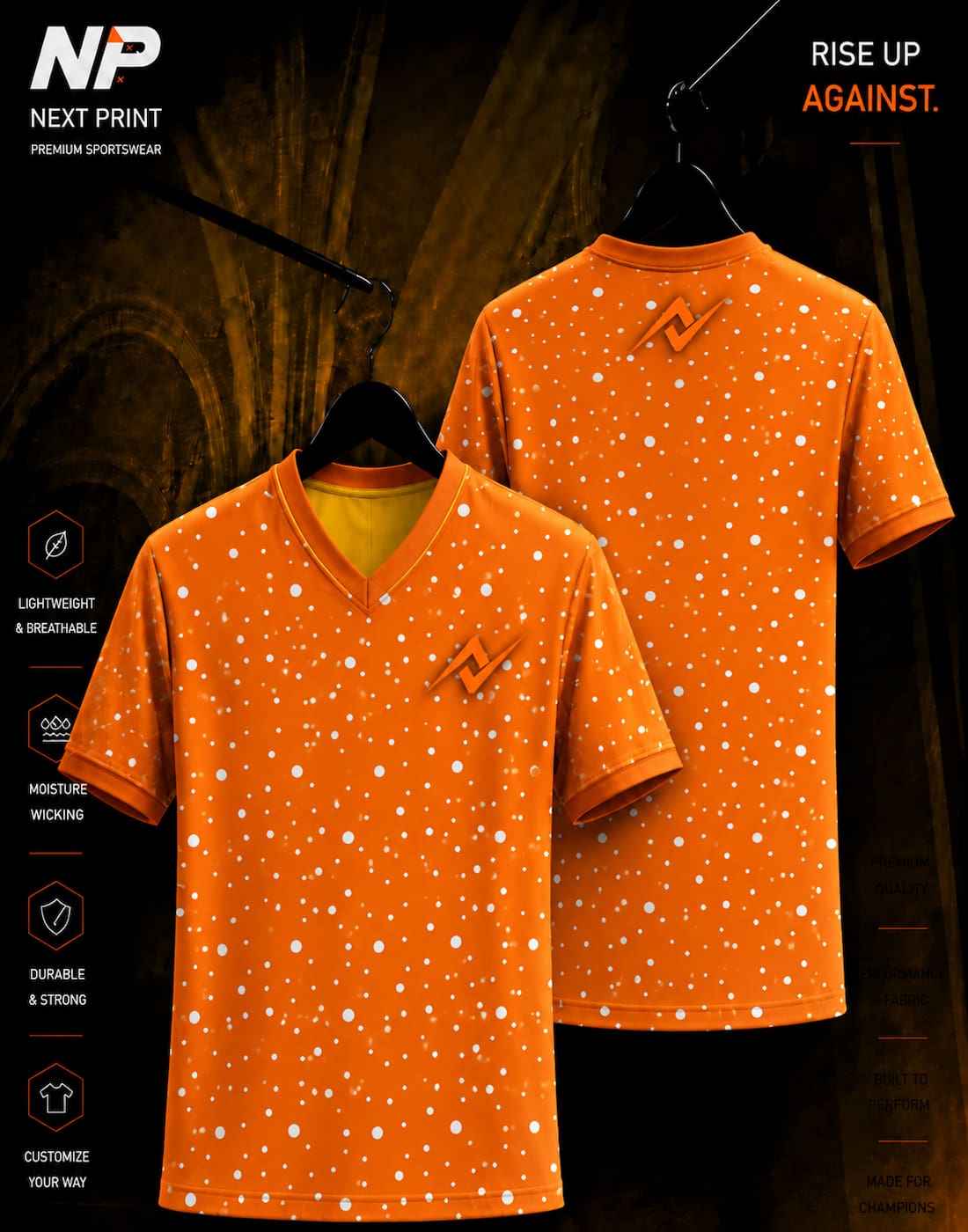Orange polka dot premium sublimation V-neck custom sports jersey with front and back mockup for team uniforms.