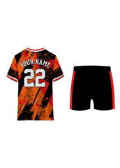 Orange red and black abstract custom sports jersey with matching shorts for cricket, football and volleyball team uniform sublimation printing