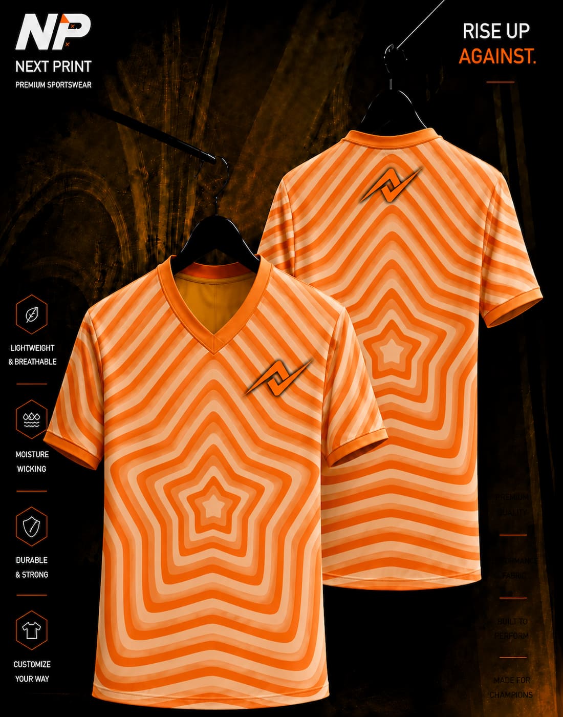 Orange retro star wave sublimation V-neck sports jersey front and back design by Next Print