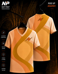 Orange retro abstract wave sublimation V-neck sports jersey with front and back view by Next Print