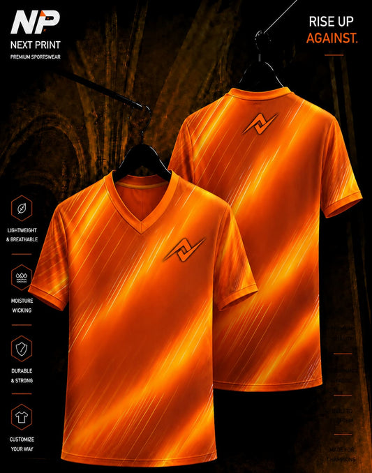 Orange Velocity Streak Sublimation V-Neck Sports Jersey front and back design by Next Print