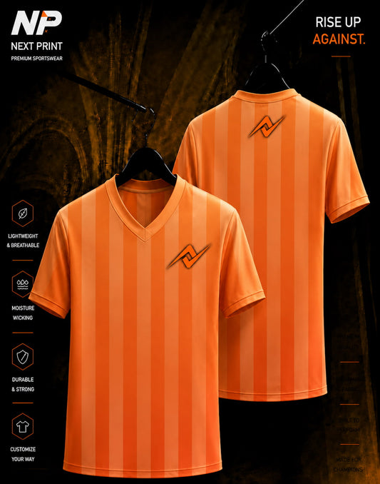 Orange vertical stripe V-neck sublimation sports jersey front and back design by Next Print
