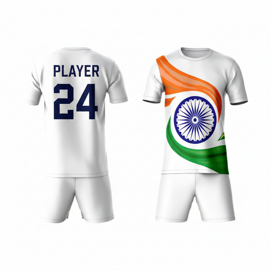 Orange white green activewear t-shirt with white shorts back view
