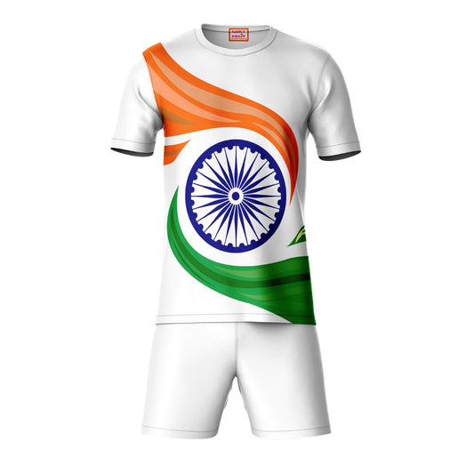 Orange white green sports t-shirt with white shorts co-ord set front view