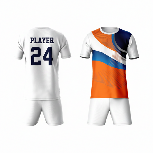 Orange white activewear t-shirt with white shorts back view