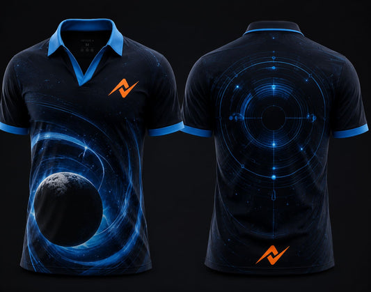 Front and back view of Orbital Core galactic blue V-neck esports polo jersey featuring a cosmic planet graphic, radar-core back design, side chest logo, and back neck logo placement.