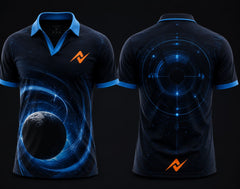 Front and back view of Orbital Core galactic blue V-neck esports polo jersey featuring a cosmic planet graphic, radar-core back design, side chest logo, and back neck logo placement.