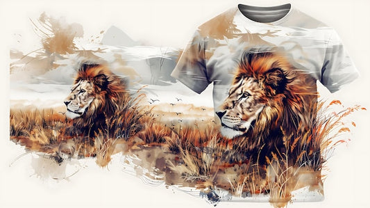 Next Print a painting of a lion with a blanket on it printed T-Shirt.
