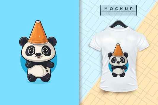 Next Print A panda wearing a cone hat flat cartoon character design Vector mascot animal nature icon concept