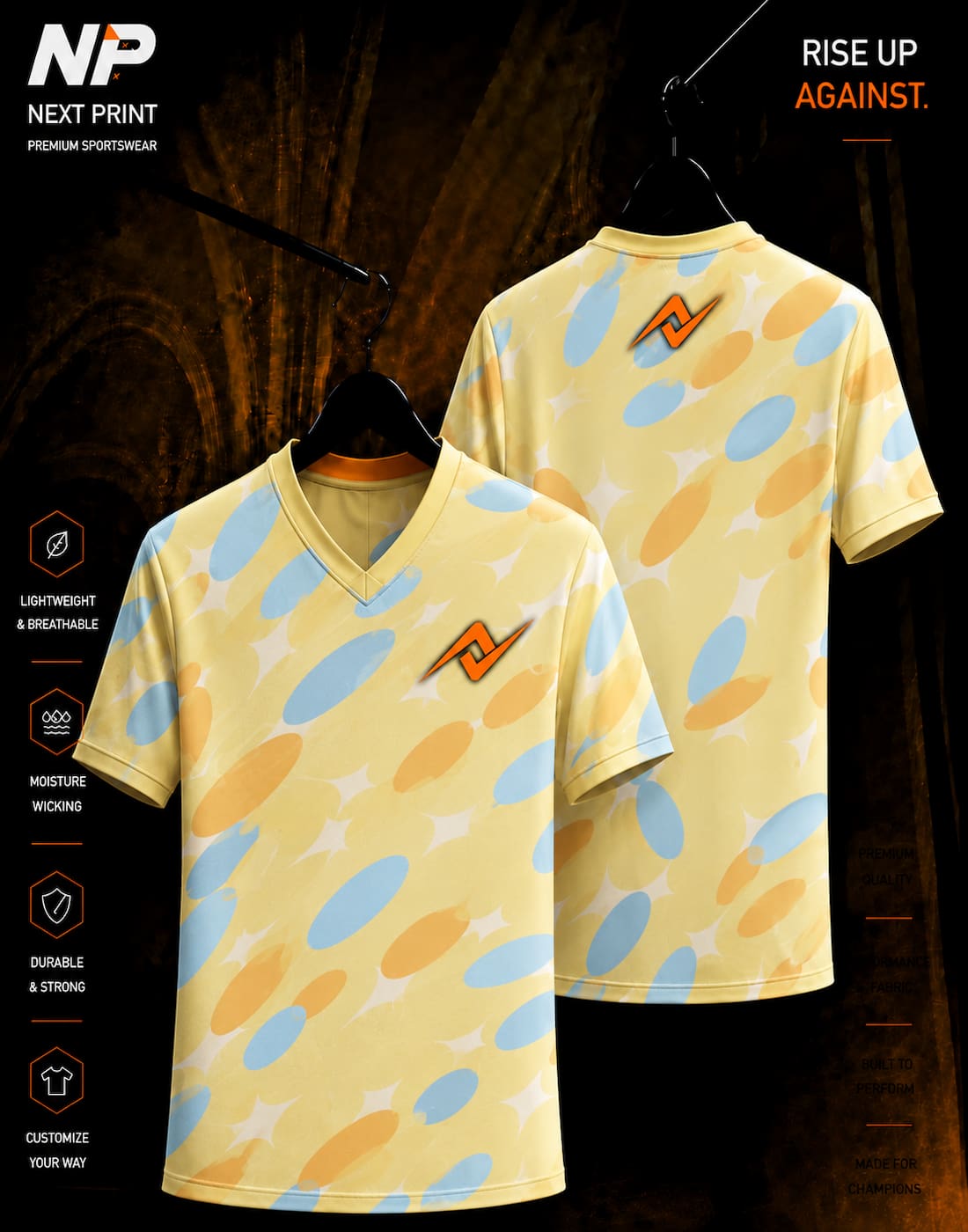 Pastel yellow blue and orange abstract V-neck sublimation sports jersey front and back by Next Print