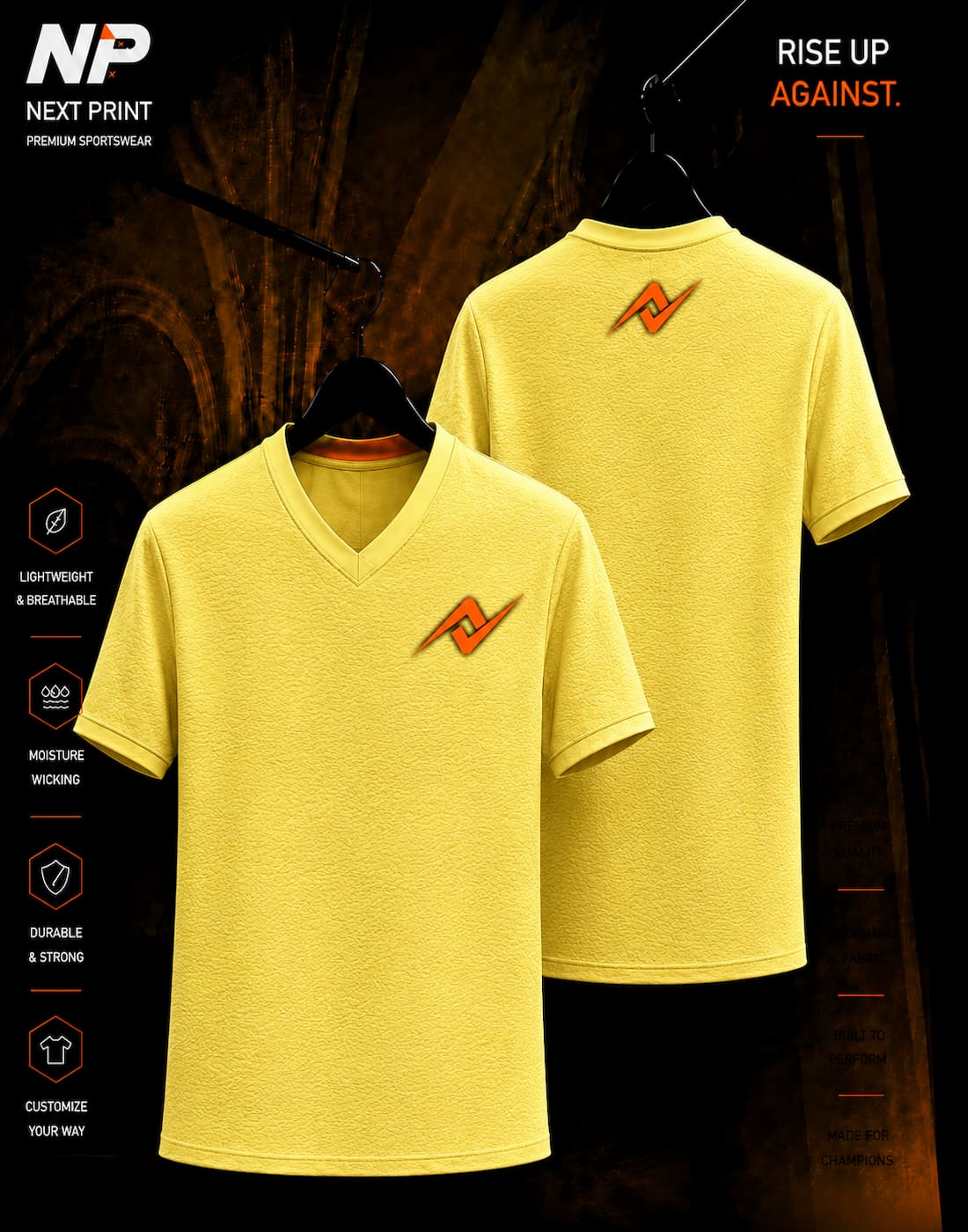 Pastel yellow textured sublimation V-neck sports jersey front and back mockup by Next Print
