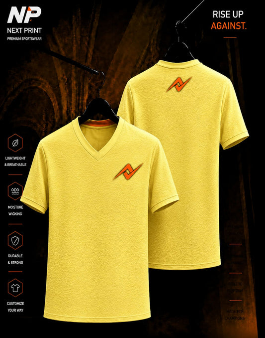 Pastel yellow textured sublimation V-neck sports jersey front and back mockup by Next Print