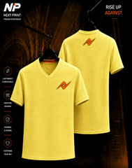 Pastel yellow textured sublimation V-neck sports jersey front and back mockup by Next Print