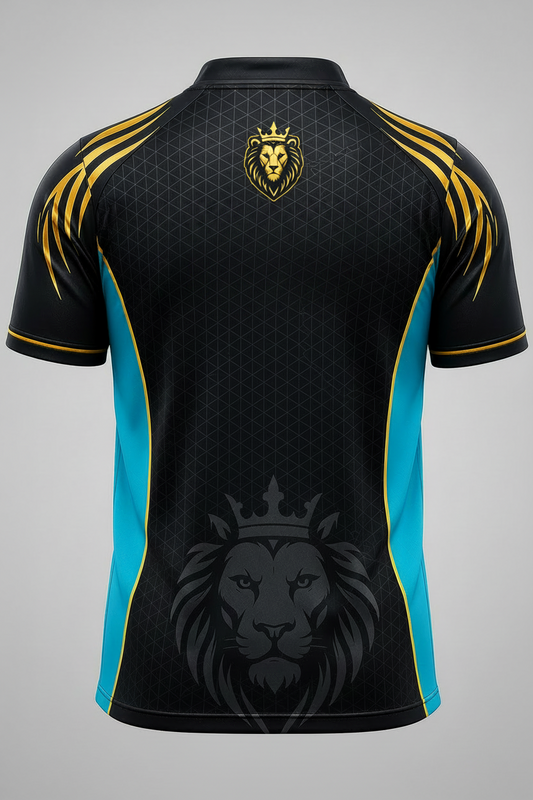 Black sports jersey with gold and blue accents featuring 'Mumbai Indian Cricket Club' on a gray background.