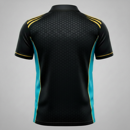 Black sports jersey with 'Mumbai Indian Cricket Club' text and lion emblem on a gray background