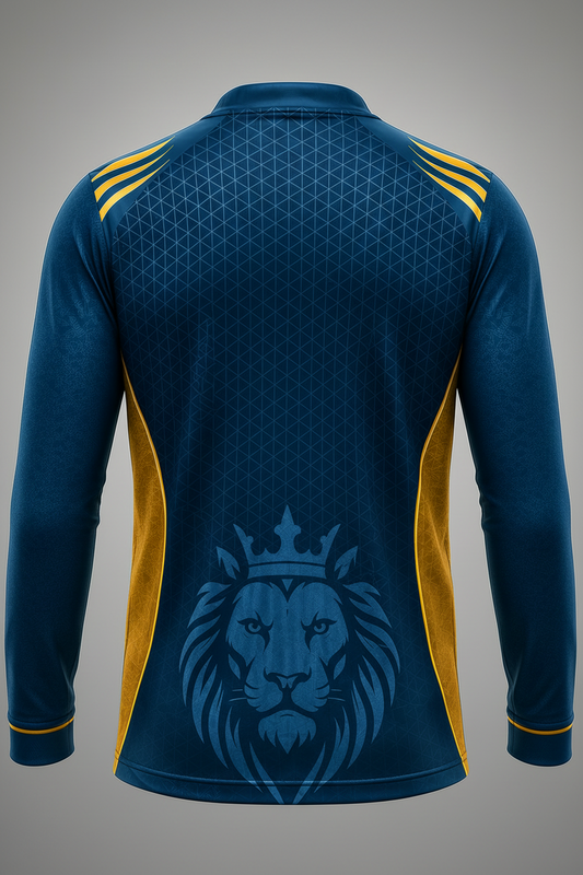 Blue long-sleeve shirt with yellow accents and a lion emblem on a gray background