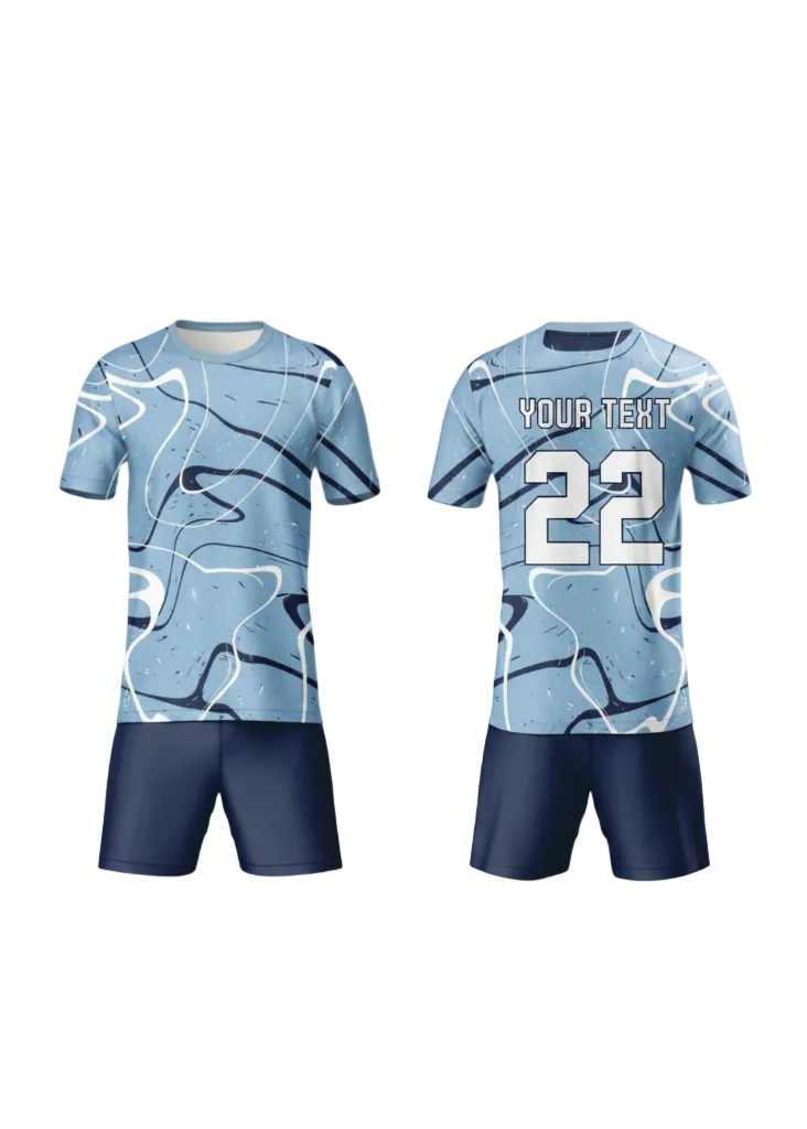 Personalized light blue sports jersey with navy shorts for cricket, football and team uniform customization front and back view