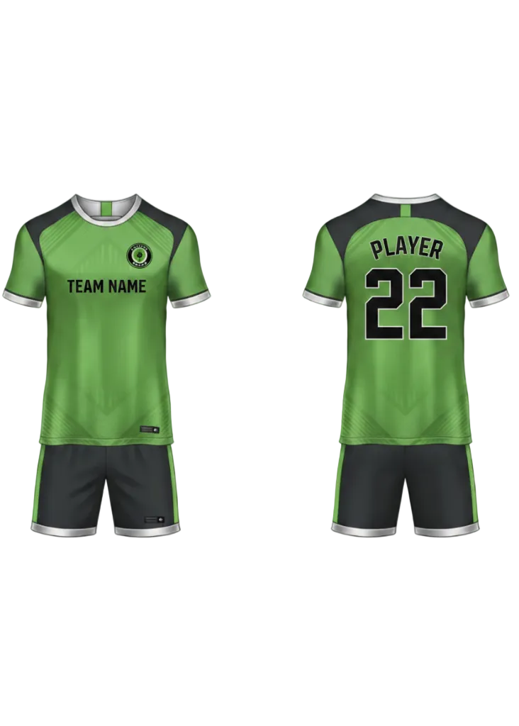 Front and back view of green and black custom team jersey with player name and number printing