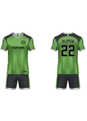 Front and back view of green and black custom team jersey with player name and number printing