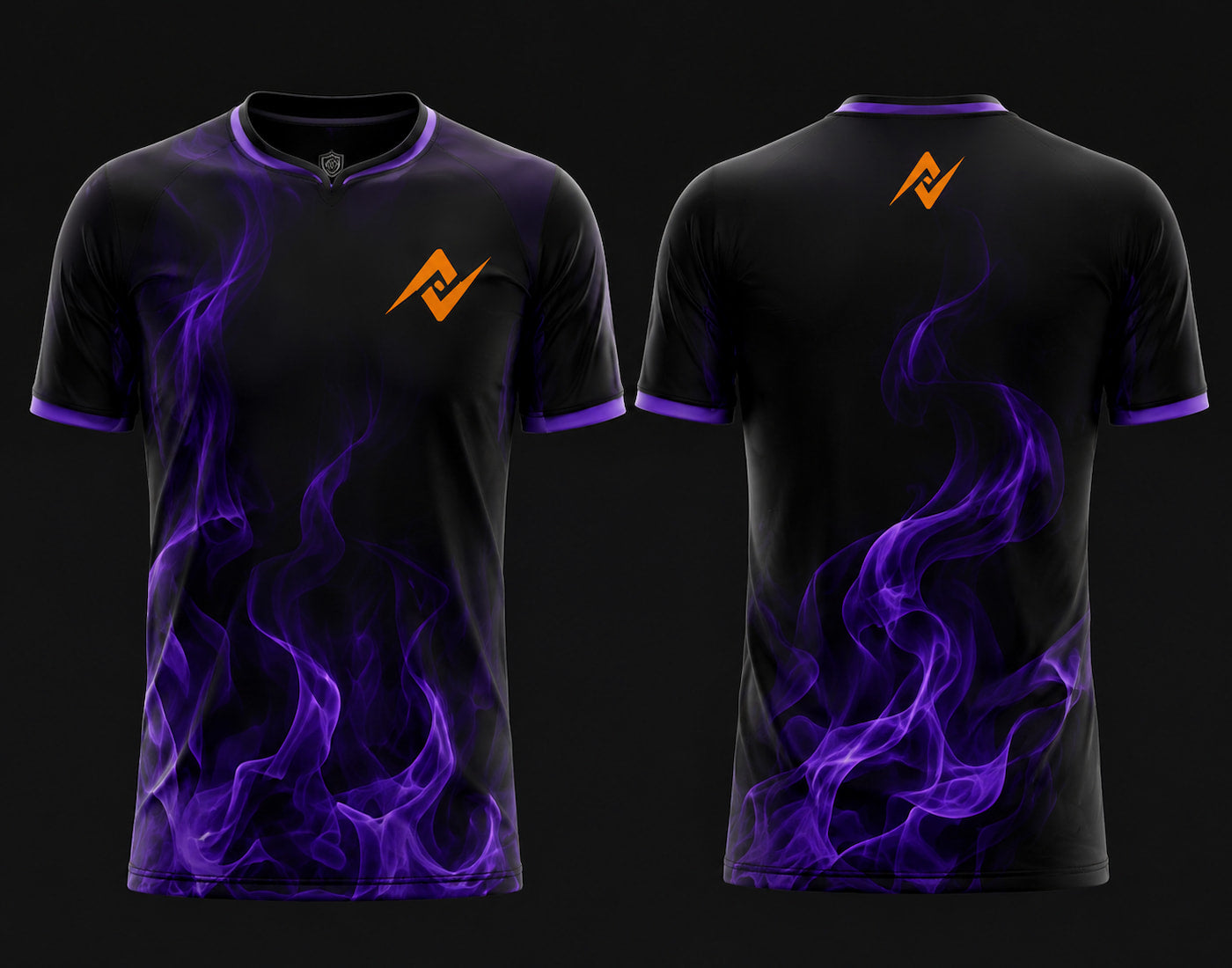Front and back view of Phantom Blaze Free Fire esports jersey featuring black and purple flame graphics with round neck collar and orange logo placement on chest and upper back neck.