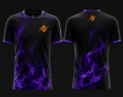 Front and back view of Phantom Blaze Free Fire esports jersey featuring black and purple flame graphics with round neck collar and orange logo placement on chest and upper back neck.