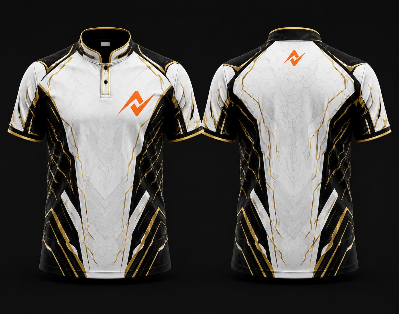 Front and back view of a white, black, and gold Chinese collar esports jersey featuring futuristic armor graphics with an orange chest logo and matching back neck logo.