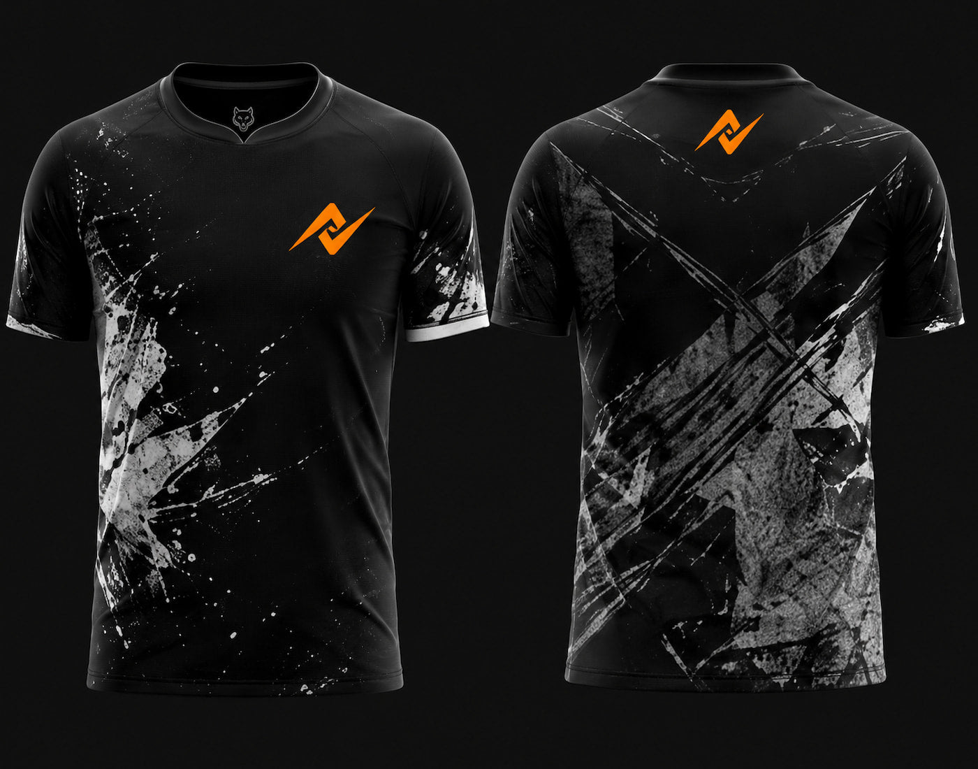 Front and back view of Phantom Monochrome Free Fire esports jersey featuring black and white paint splash graphics with round neck collar and orange logo placement on chest and upper back neck.
