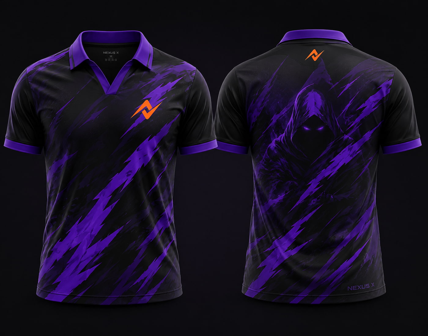 Front and back view of Phantom Shift black and purple V-neck esports polo jersey with chest logo and back neck logo placement.