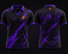 Front and back view of Phantom Shift black and purple V-neck esports polo jersey with chest logo and back neck logo placement.
