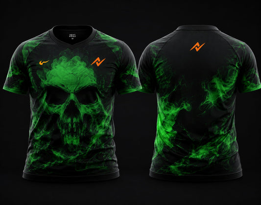 Front and back view of Phantom Skull premium esports jersey featuring a neon green spectral skull design, smoky energy effects, round neck collar, and professional gaming apparel styling.