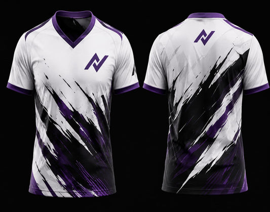 Front and back mockup of a white, black, and purple V-neck esports jersey featuring bold brush-stroke graphics with a chest logo and back neck logo.