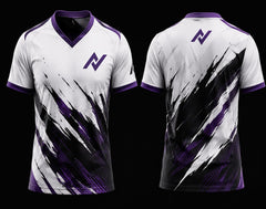 Front and back mockup of a white, black, and purple V-neck esports jersey featuring bold brush-stroke graphics with a chest logo and back neck logo.