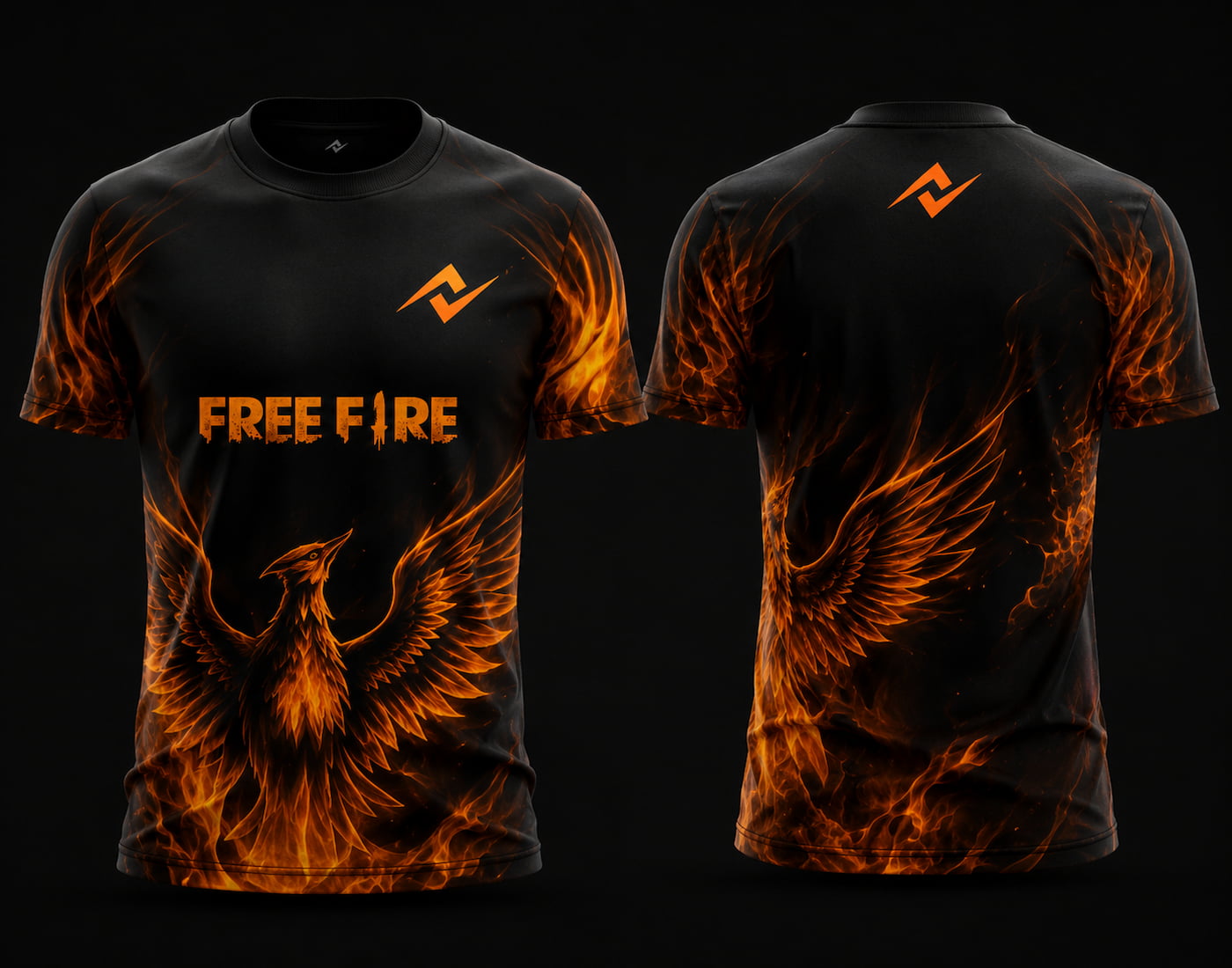 Front and back view of Phoenix Blaze Free Fire esports jersey featuring fiery orange phoenix artwork on a black gaming jersey.