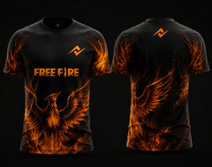 Front and back view of Phoenix Blaze Free Fire esports jersey featuring fiery orange phoenix artwork on a black gaming jersey.