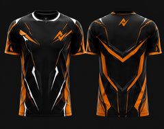 Front and back view of Phoenix Edge Free Fire esports jersey featuring black, orange, and white futuristic graphics with round neck collar and orange logo placement on chest and upper back neck.