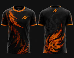 Front and back view of Phoenix Reborn Free Fire esports jersey featuring black and orange phoenix feather graphics with round neck collar and orange logo placement on chest and upper back neck.