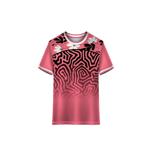 Pink and blue abstract sports t-shirt design with floral accents custom athletic jersey by Next Print India