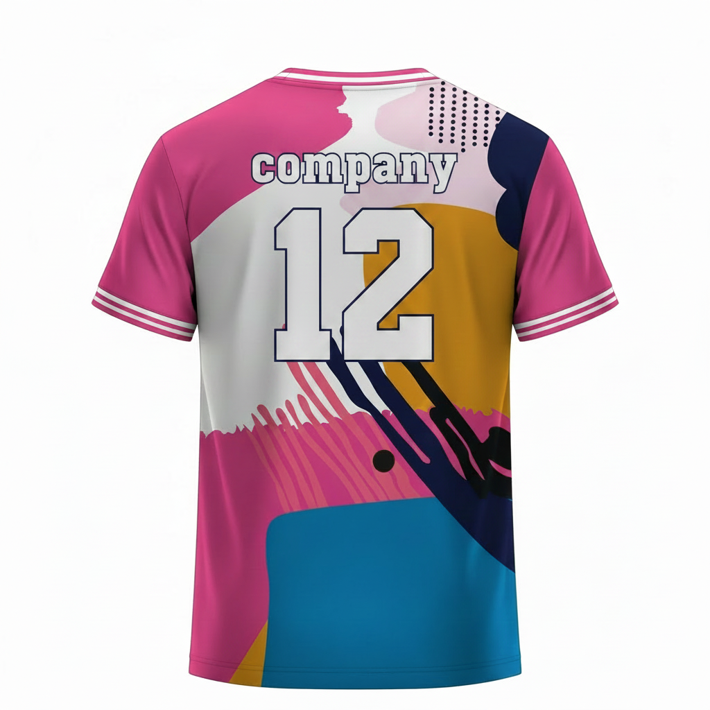 Pink and blue abstract art sports t-shirt back design with modern geometric brush pattern for custom sublimation cricket and football team jersey printing by NextPrint India.