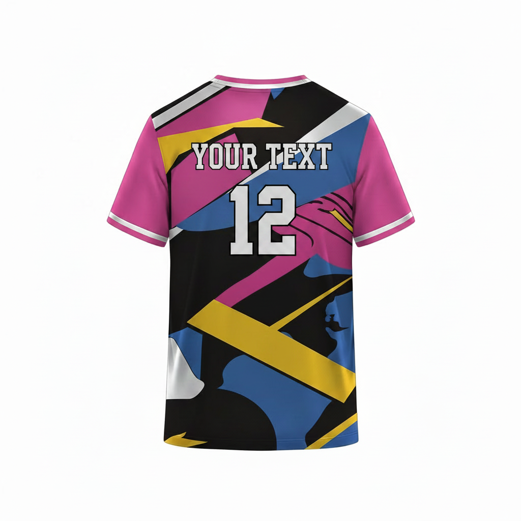 Pink and blue multicolor abstract sports t-shirt back design with modern geometric pattern for custom sublimation team jersey printing by NextPrint India