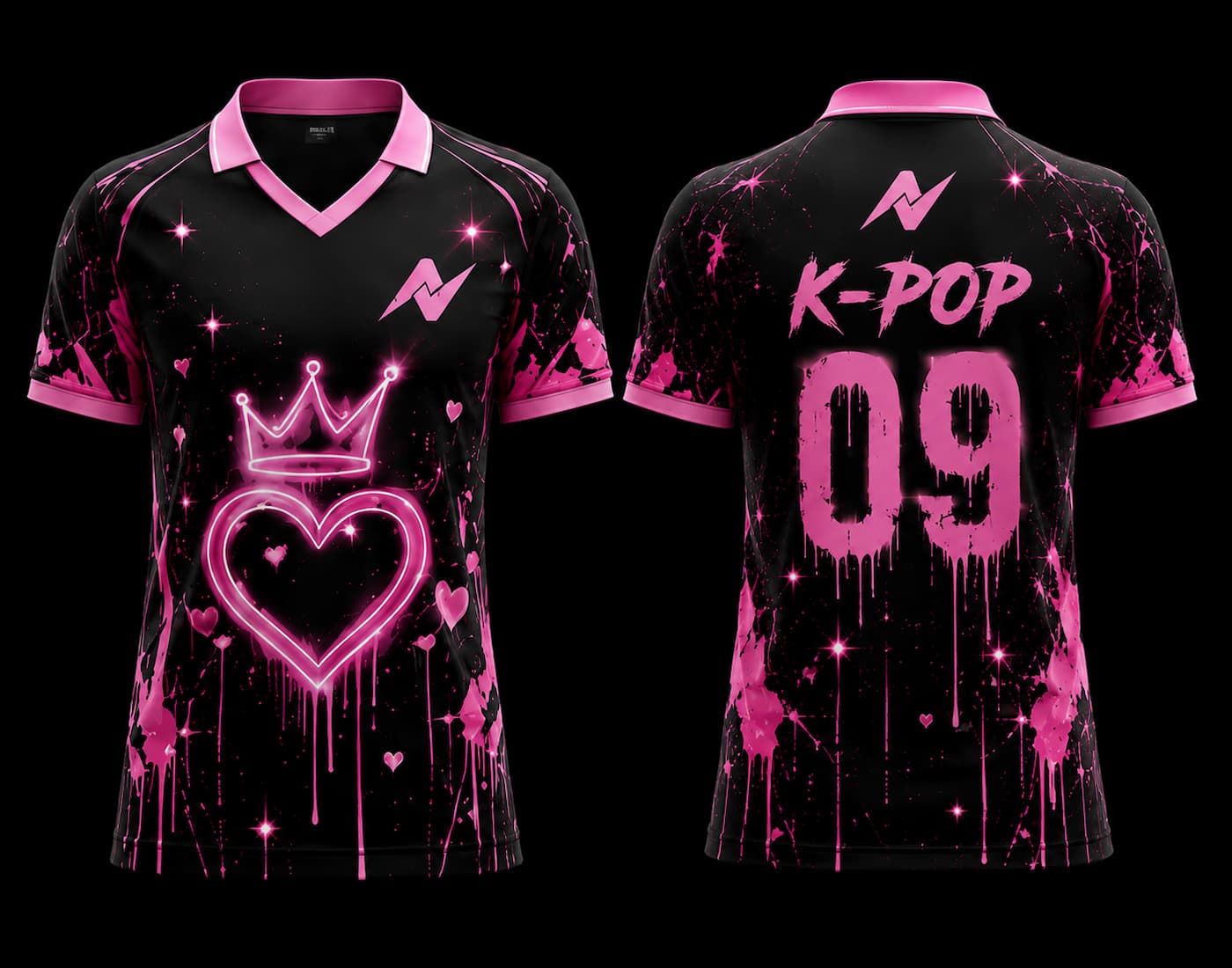 Pink Crown K-Pop V Neck Polo Collar Jersey in black and neon pink featuring a glowing crown heart design with front and back views.