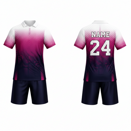 Pink eclipse sports jersey with navy shorts back view