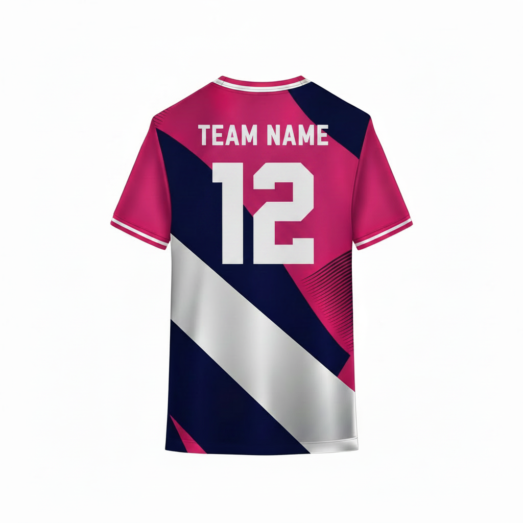 Pink and navy sports t-shirt back design with bold diagonal stripe pattern for custom sublimation cricket and football team jersey printing by NextPrint India.
