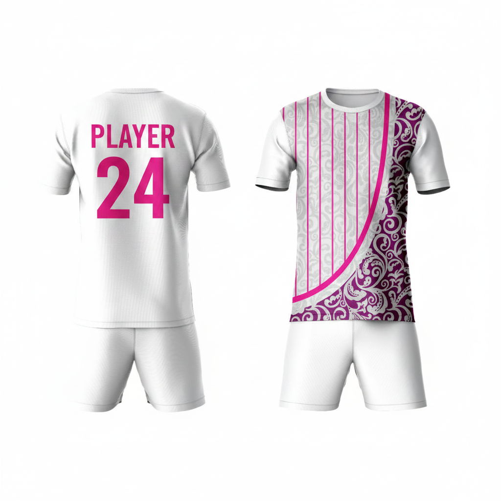 Pink pattern athletic sports t-shirt with white shorts back side view