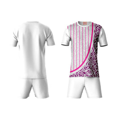 Premium pink pattern sportswear coord set with white shorts side angle view