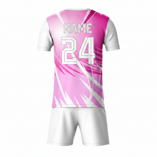 Pink activewear t-shirt with white shorts back view