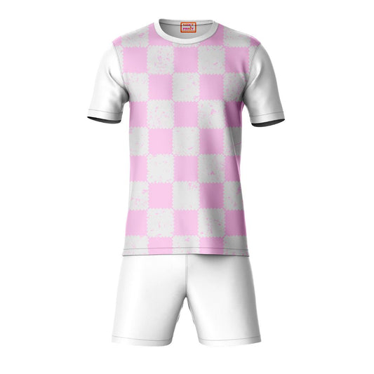 Pink sports t-shirt with white shorts coord set front view for men